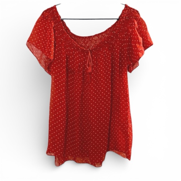 Vintage Tops - Vintage Cherry Red & White Polka Dot Blouse Shirred Scoop Neck Top Tassel Ties M